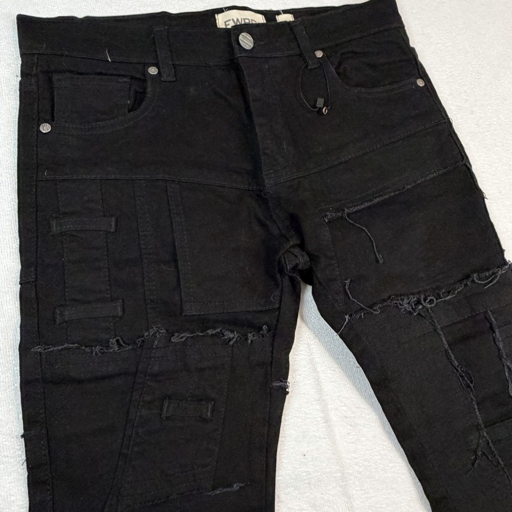 FWRD Denim Black Distressed Frayed Stacked Raw Edge Straight Slim Leg‎ Sz 30